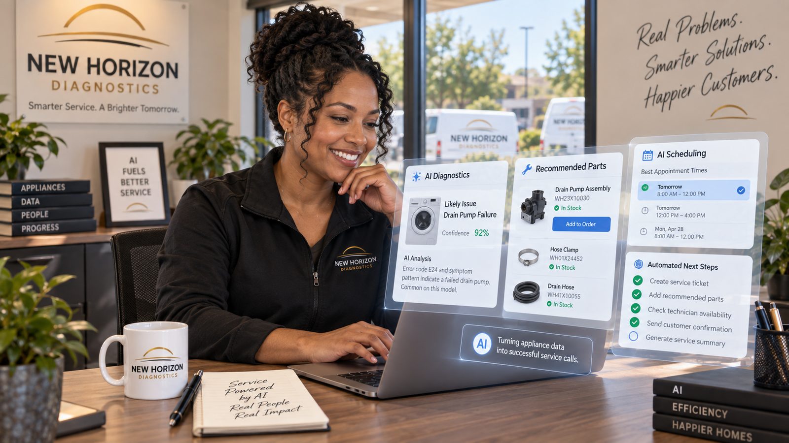 A service coordinator at an appliance repair company running on New Horizon Diagnostics, reviewing an AI diagnosis, the recommended parts and the best appointment times for a customer still on the call