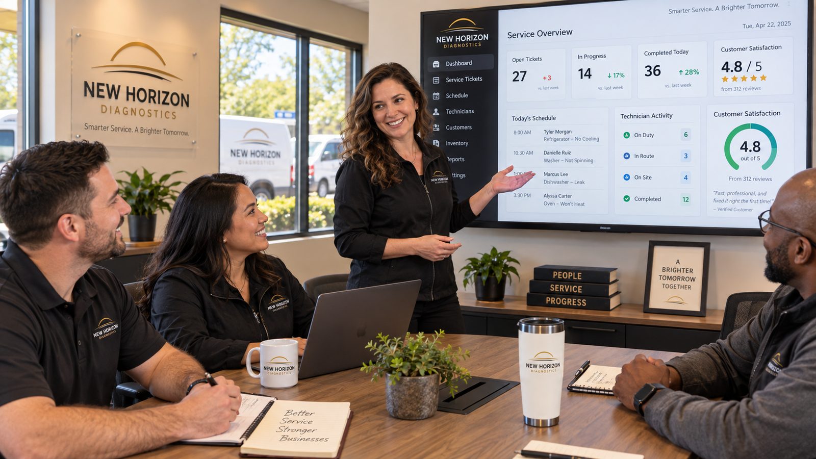 Four support specialists at an appliance repair company reviewing the day's service overview together on a wall display