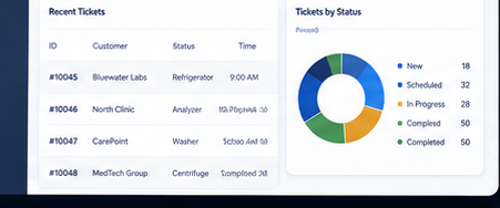 Dashboard panel listing recent tickets alongside a breakdown of tickets by status